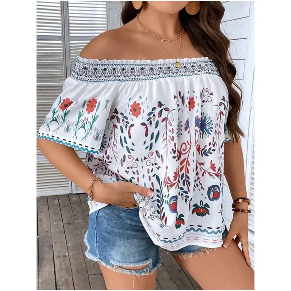 Plus Floral Print Off Shoulder Cottagecore Blouse - Picture 9 of 11
